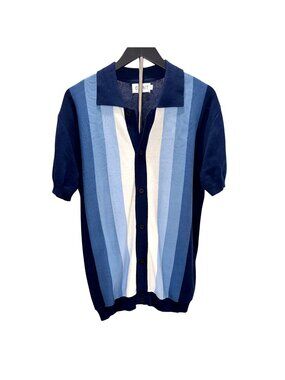 Oxknit Vintage Knitted Polo Striped Button-Up Shirt Navy Light Blue Men XL 70s